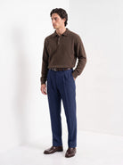 BLENIN men's herringbone wool trousers in navy, three-quarter view