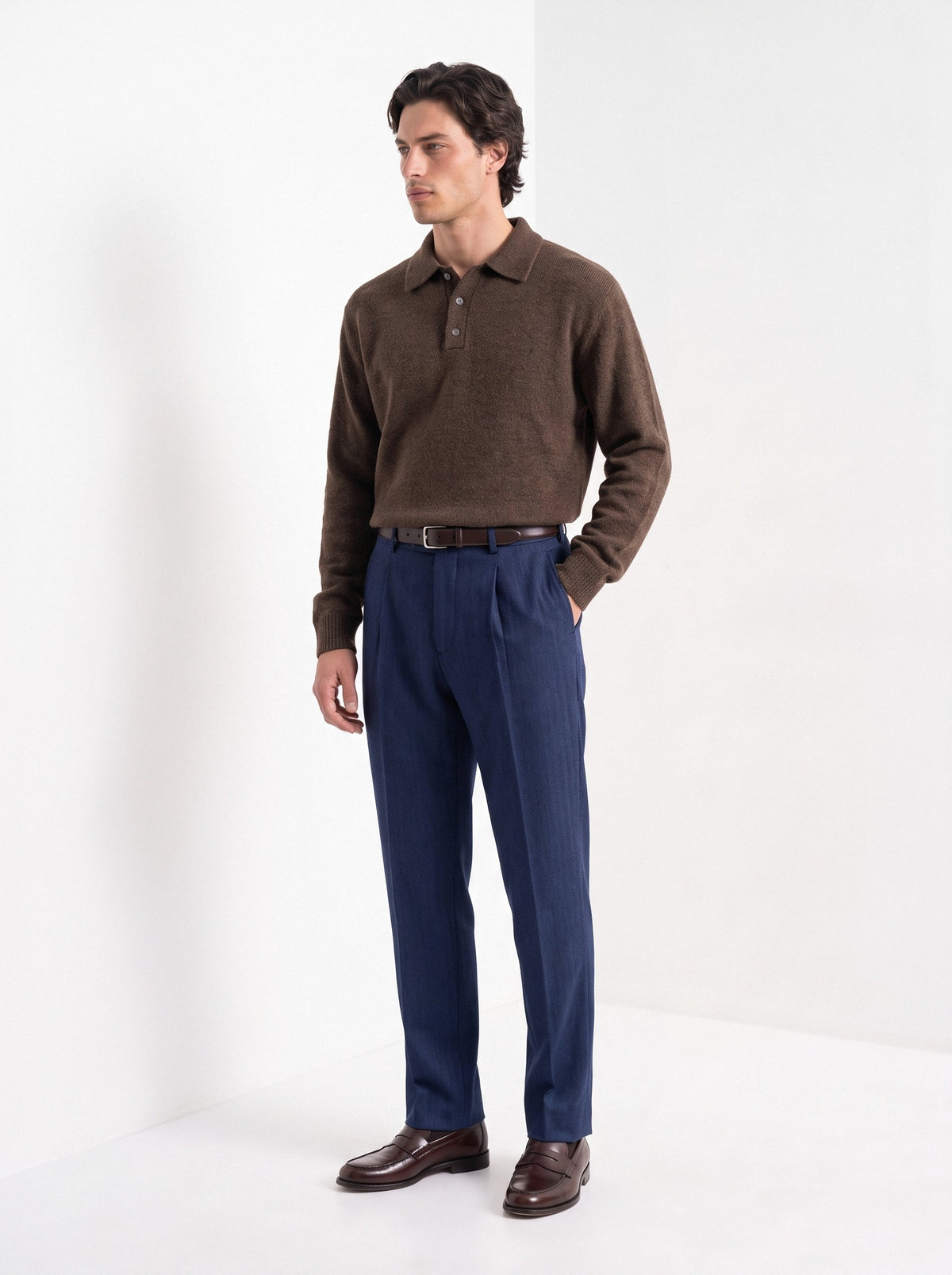 BLENIN men's herringbone wool trousers in navy, three-quarter view