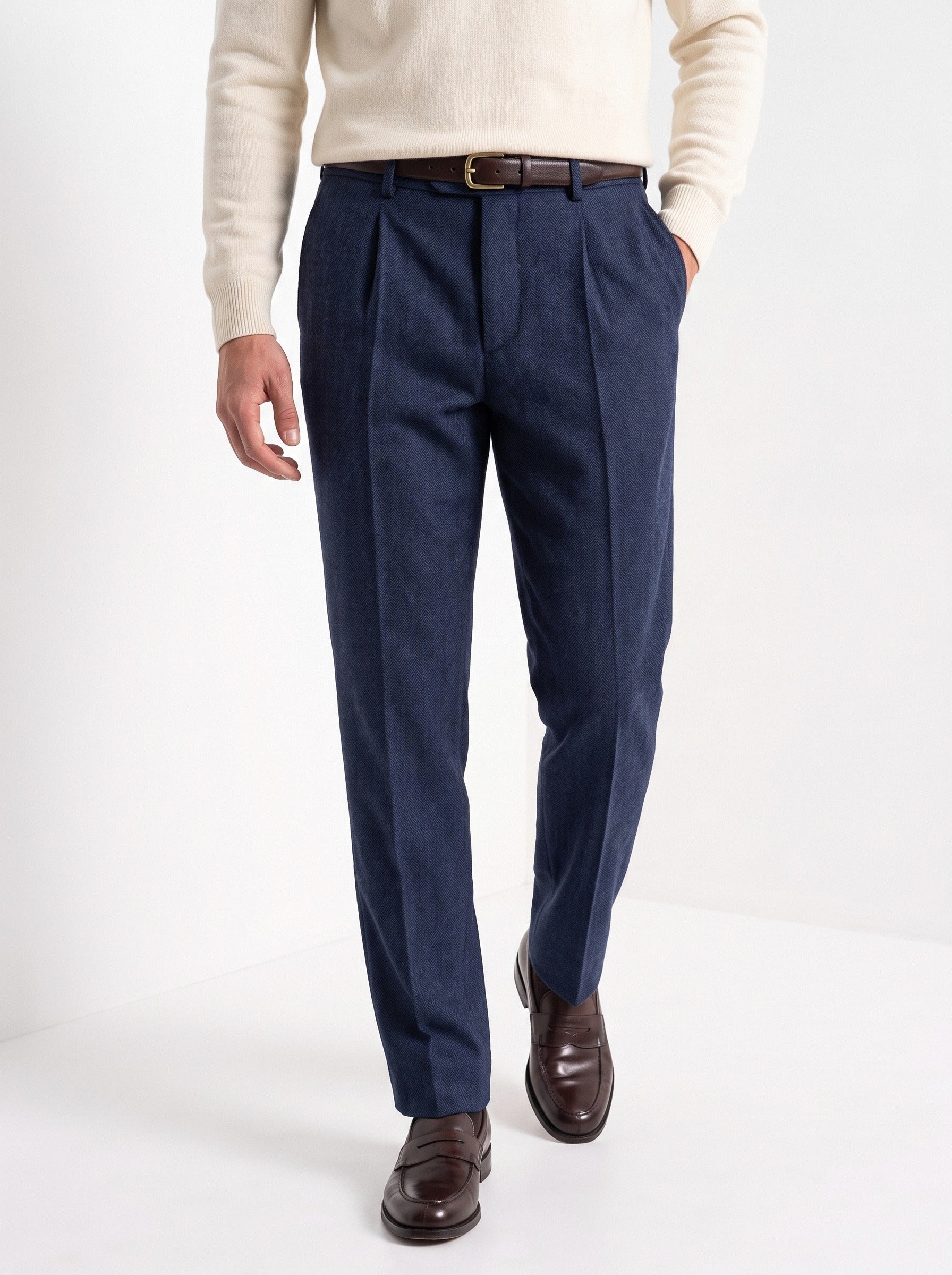BLENIN men's herringbone wool trousers in navy, front portrait