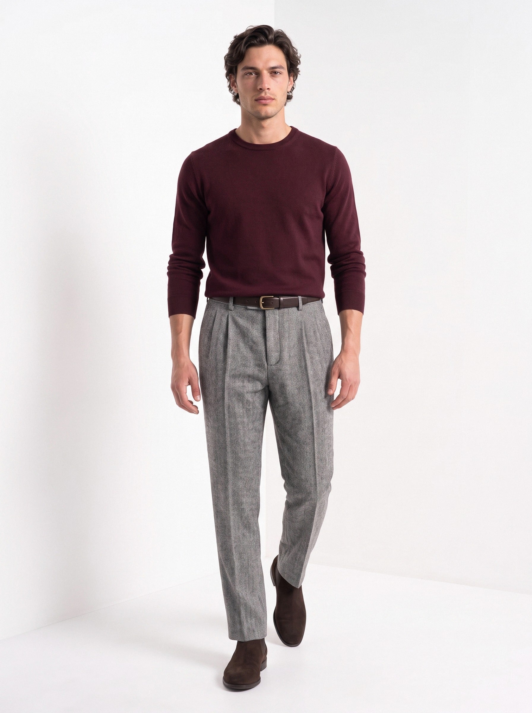 BLENIN men's herringbone wool trousers in grey, full-length look
