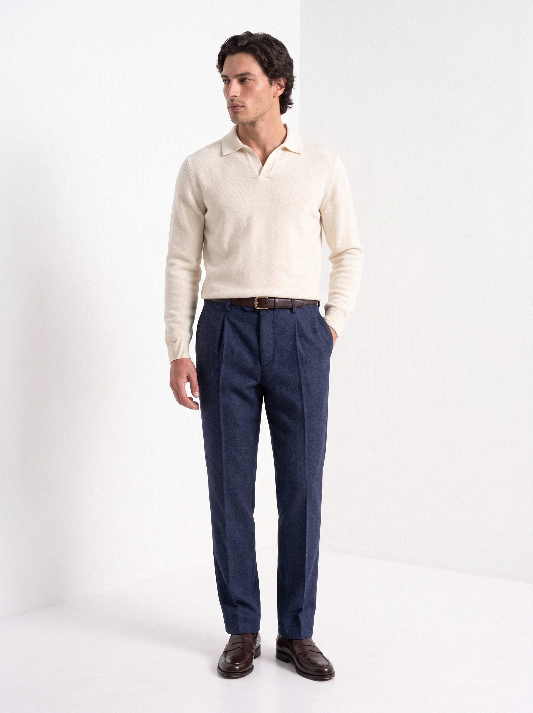 BLENIN men's herringbone wool trousers in navy, full-length look