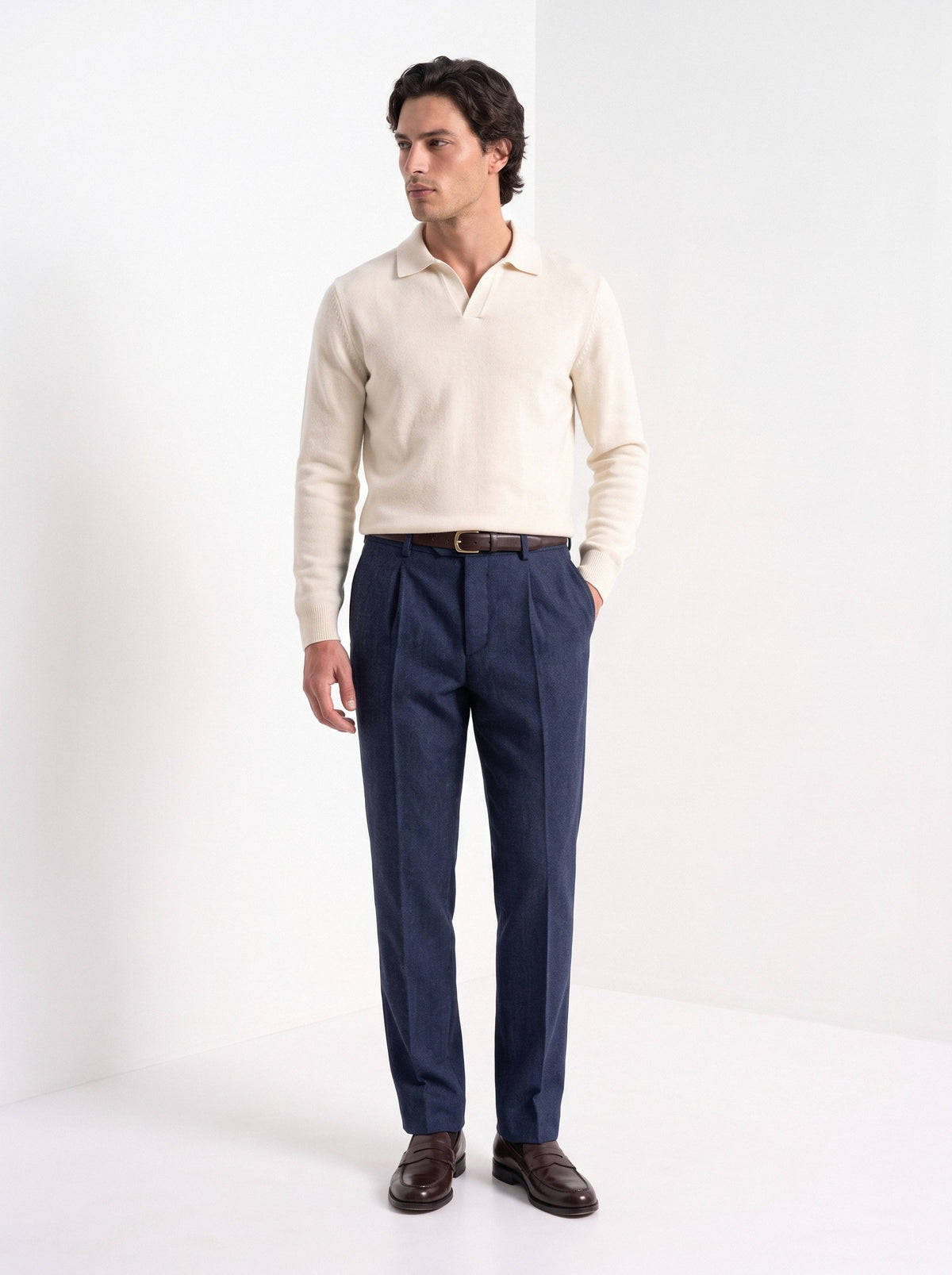 BLENIN men's herringbone wool trousers in navy, full-length look