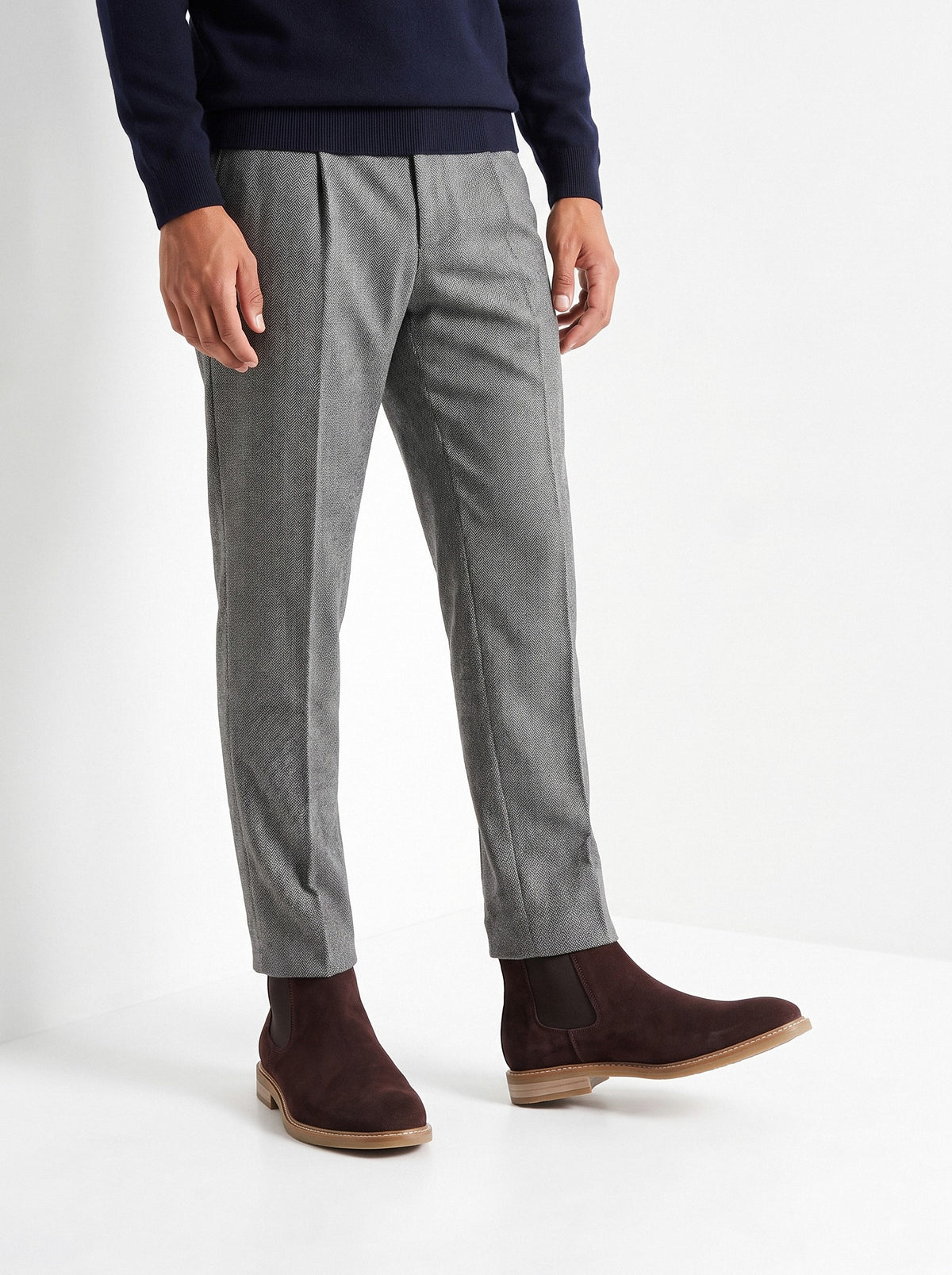 BLENIN suede chelsea boots, worn with herringbone trousers
