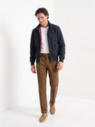 BLENIN men's harrington jacket in navy, full outfit, walking