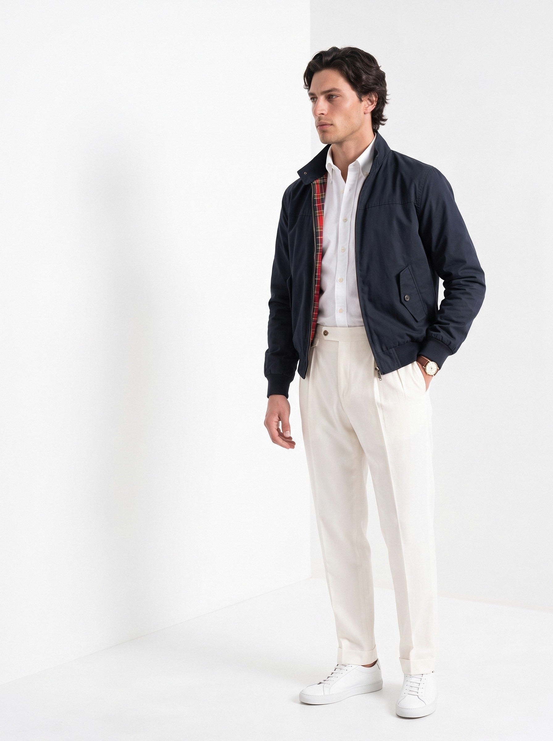 BLENIN men's harrington jacket in navy, three-quarter view