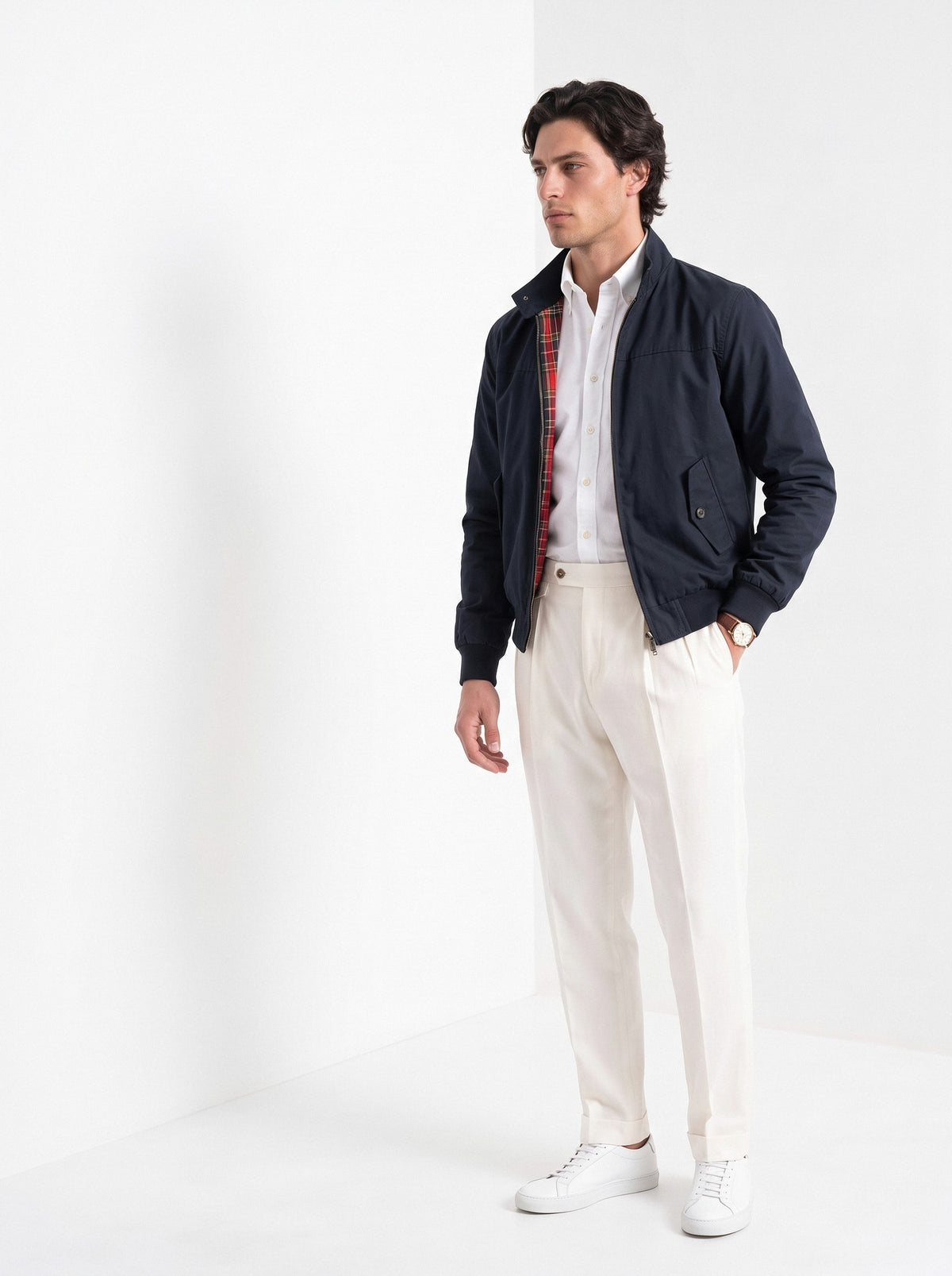 BLENIN men's harrington jacket in navy, three-quarter view