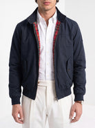 BLENIN men's harrington jacket in navy, close-up of the details