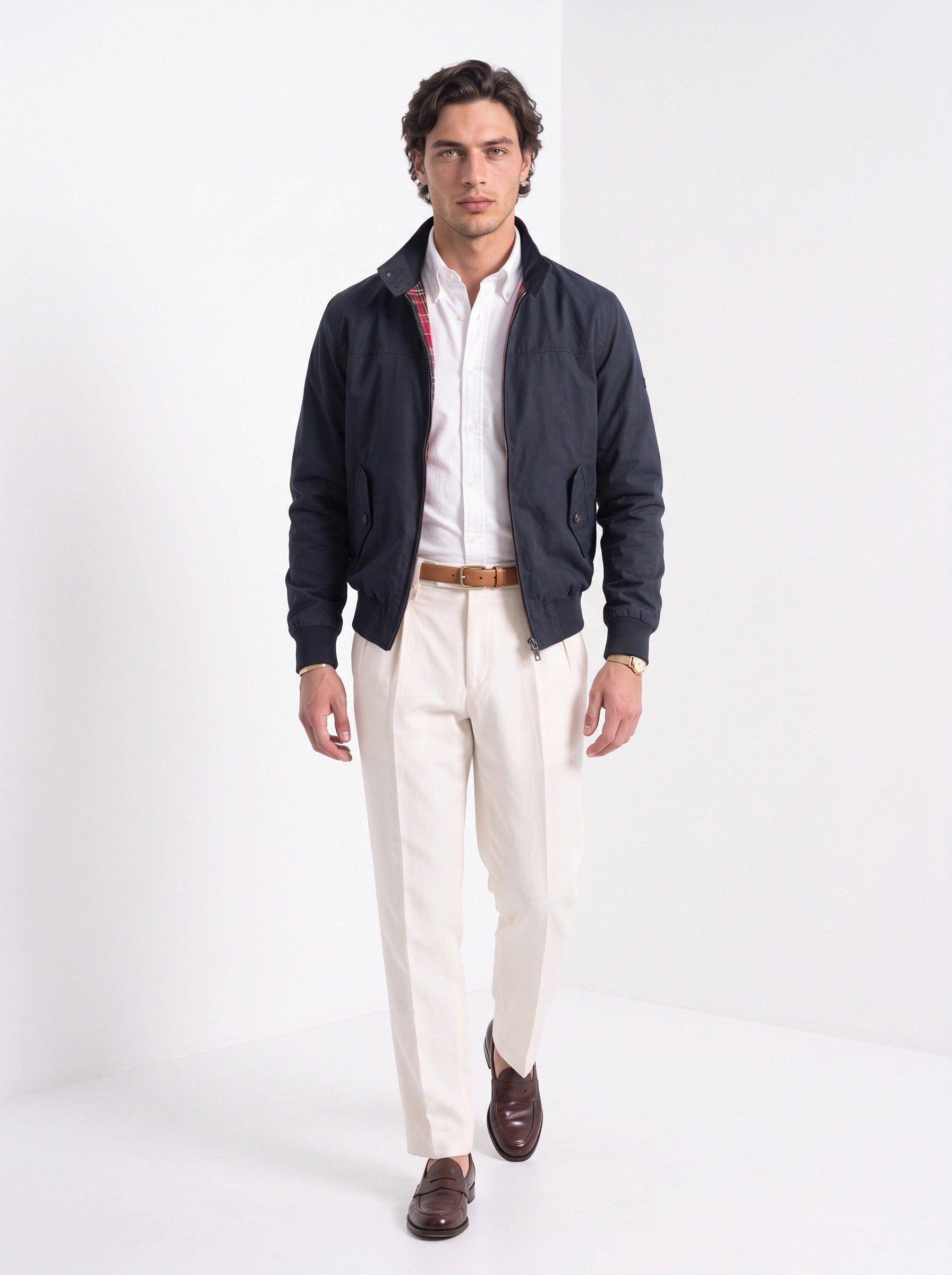 BLENIN men's harrington jacket in navy, full-length look