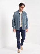 BLENIN men's corduroy overshirt in smoke blue, full outfit, walking