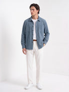 BLENIN men's corduroy overshirt in smoke blue, three-quarter view
