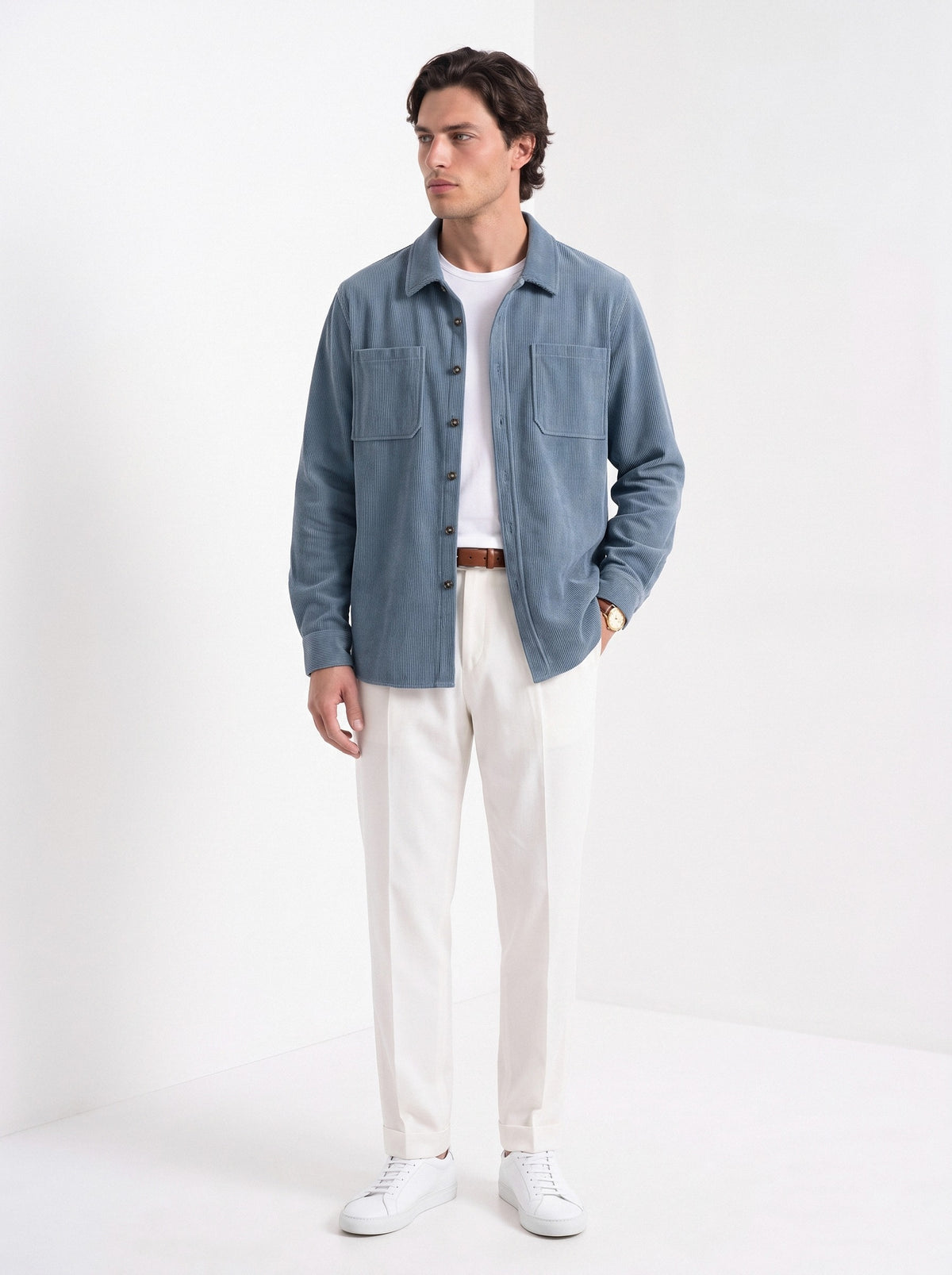 BLENIN men's corduroy overshirt in smoke blue, three-quarter view