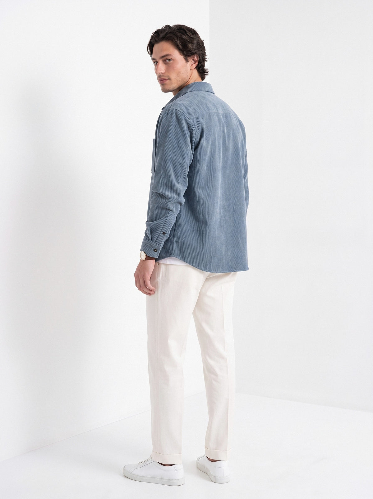 BLENIN men's corduroy overshirt in smoke blue, back view