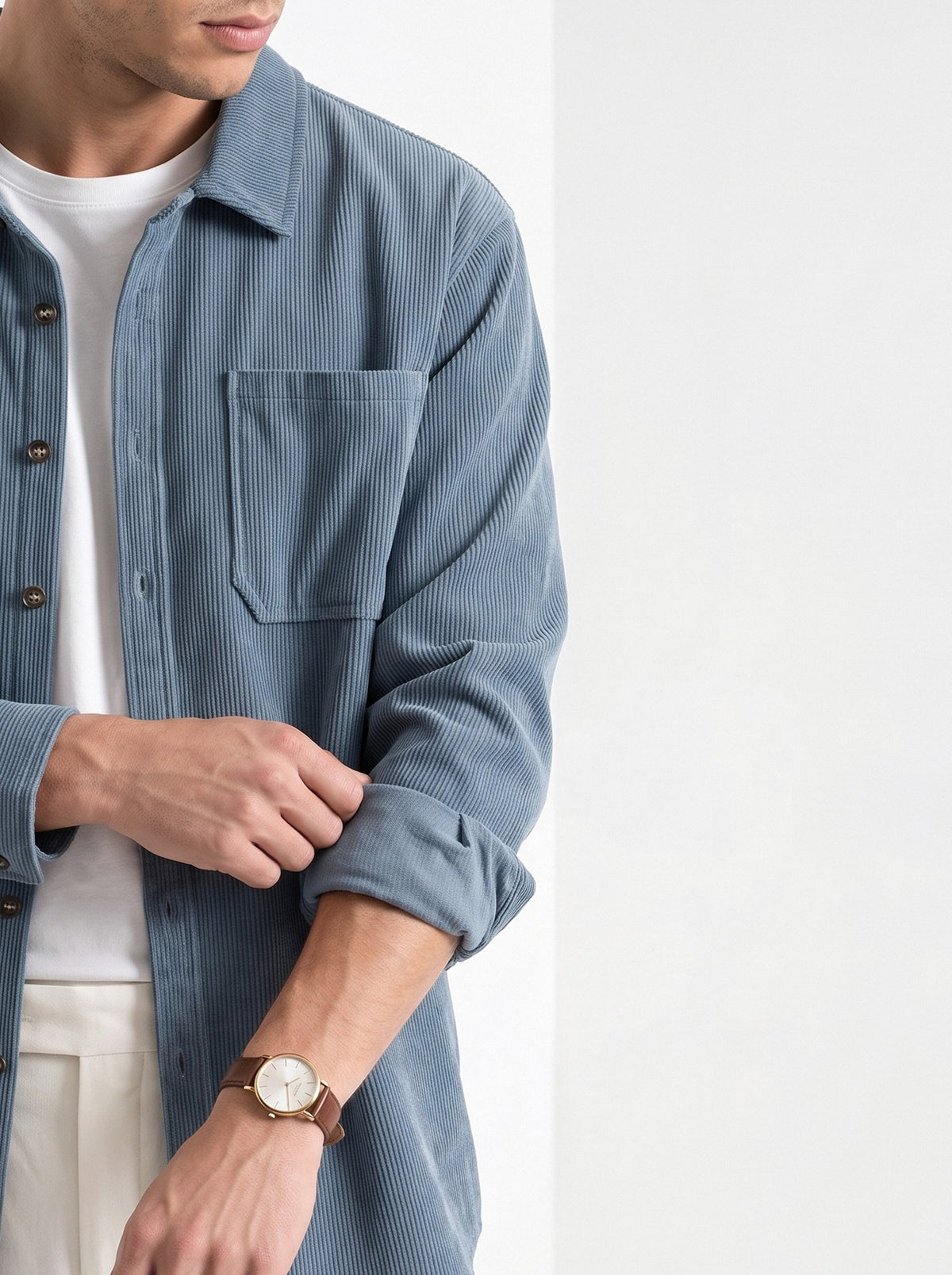 BLENIN men's corduroy overshirt in smoke blue, styled detail