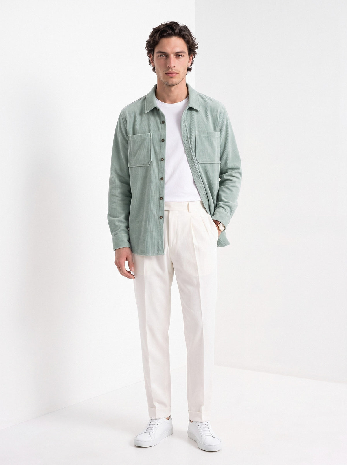 BLENIN men's corduroy overshirt in sage, full-length front view