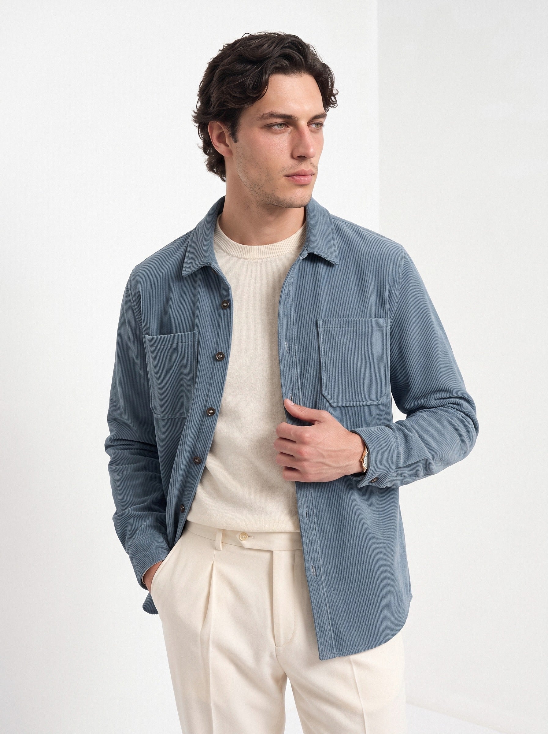 BLENIN men's corduroy overshirt in smoke blue, front portrait