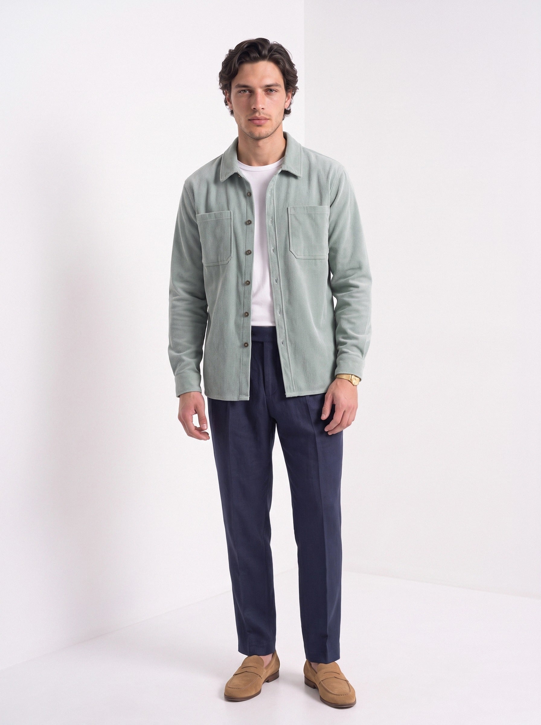 BLENIN men's corduroy overshirt in sage, full-length look