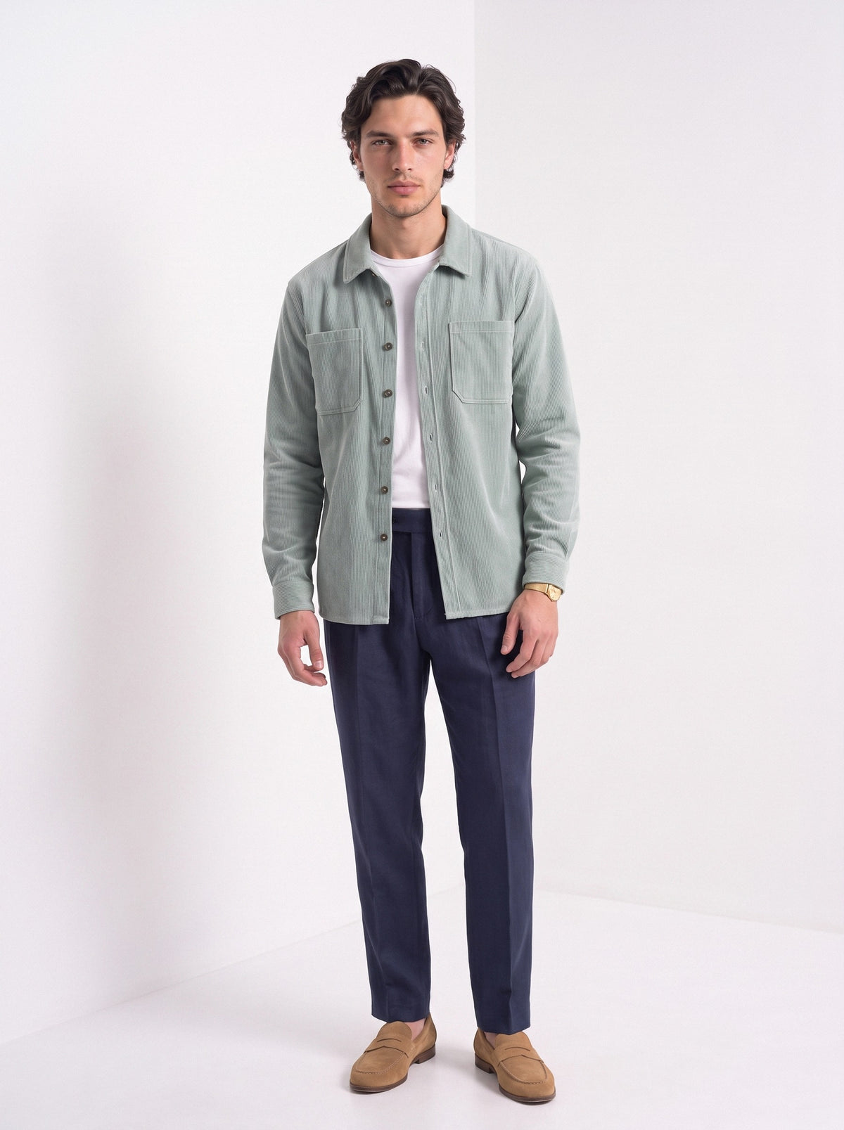 BLENIN men's corduroy overshirt in sage, full-length look