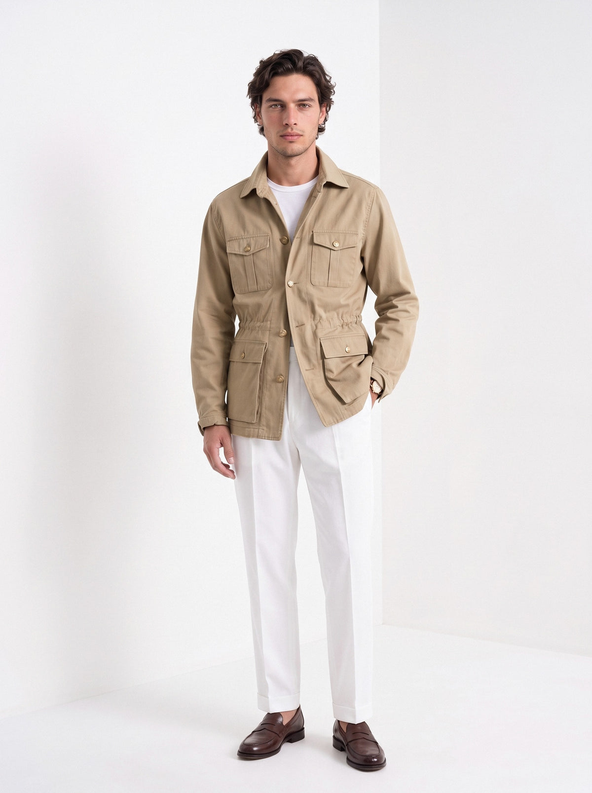BLENIN men's twill field jacket in khaki, full-length front view