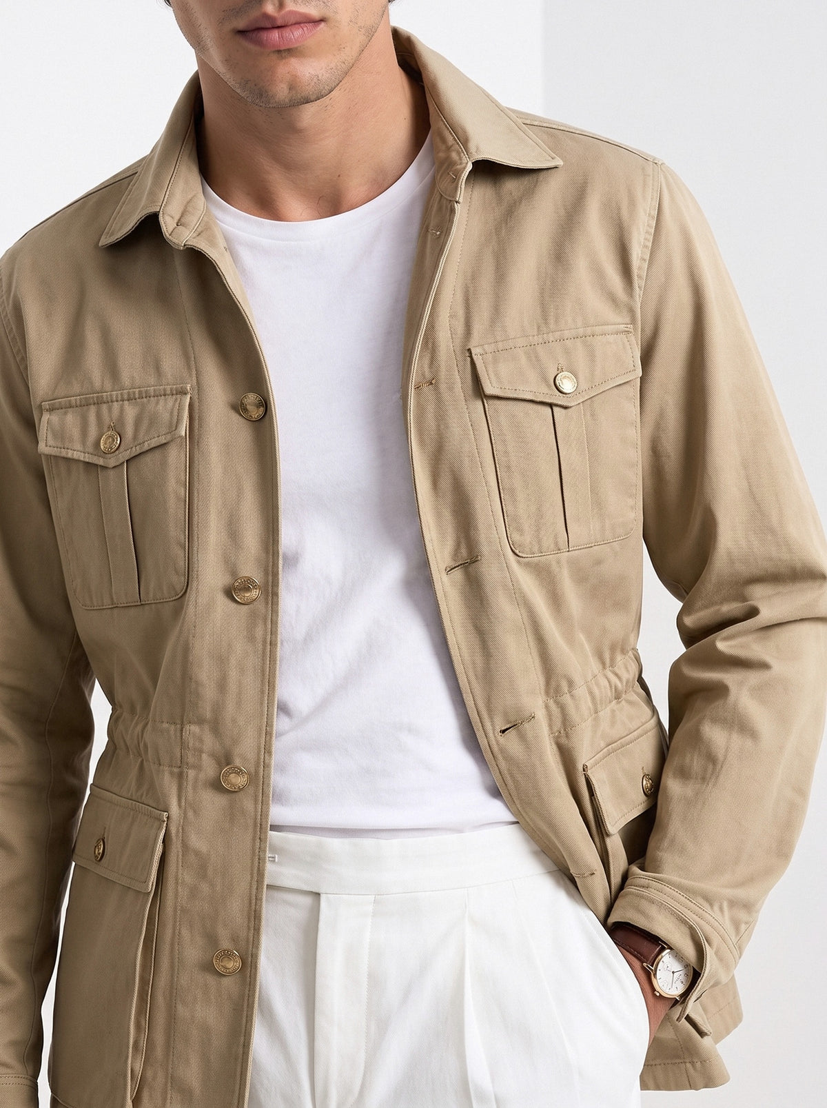 BLENIN men's twill field jacket in khaki, close-up of the details