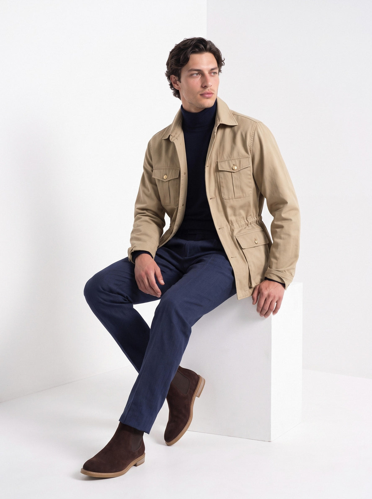 BLENIN men's twill field jacket in khaki, seated, full outfit