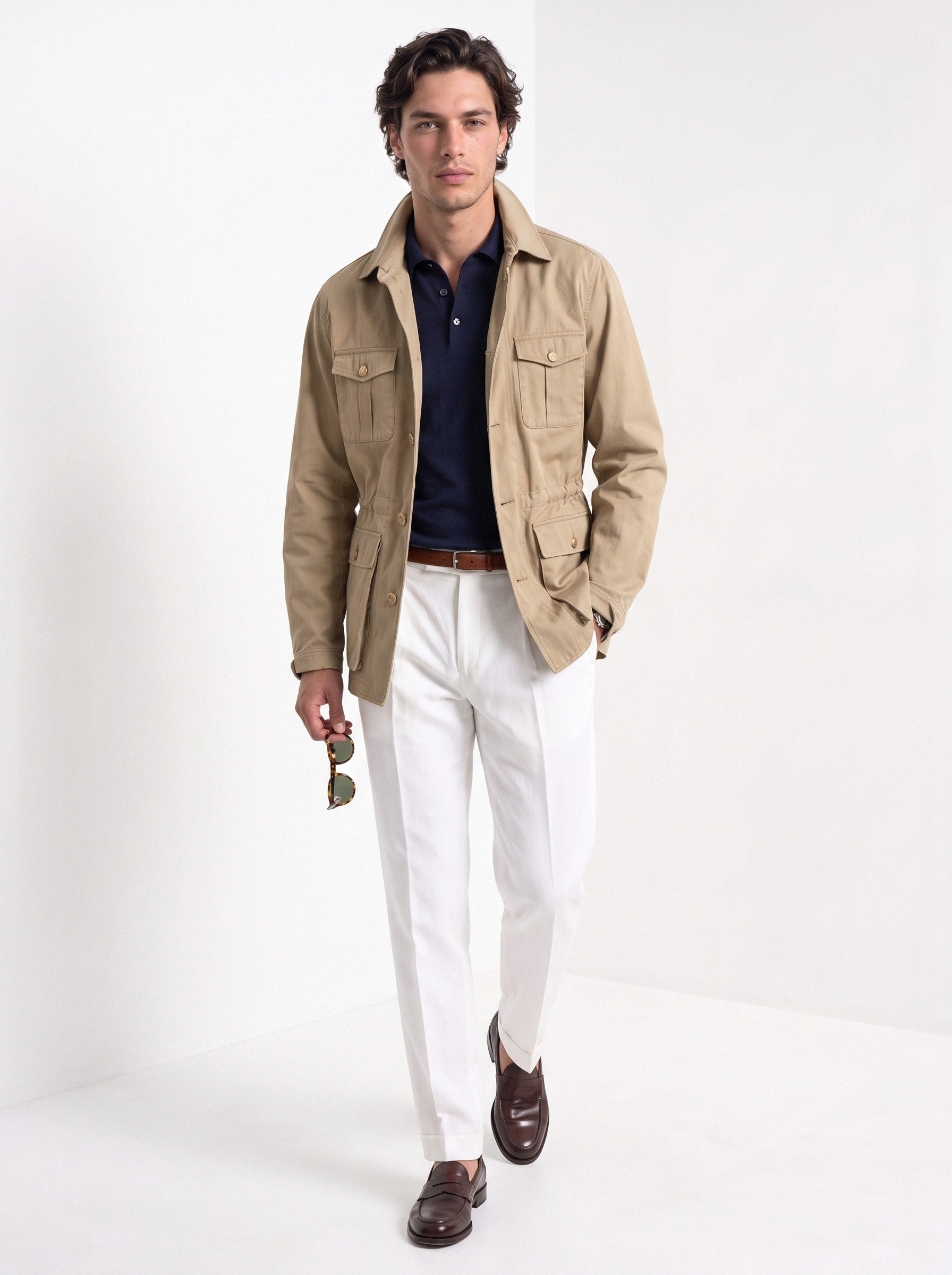 BLENIN men's twill field jacket in khaki, full-length look
