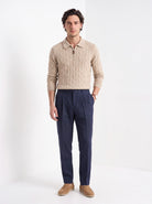 BLENIN men's cable knit zip polo in camel, full-length front view