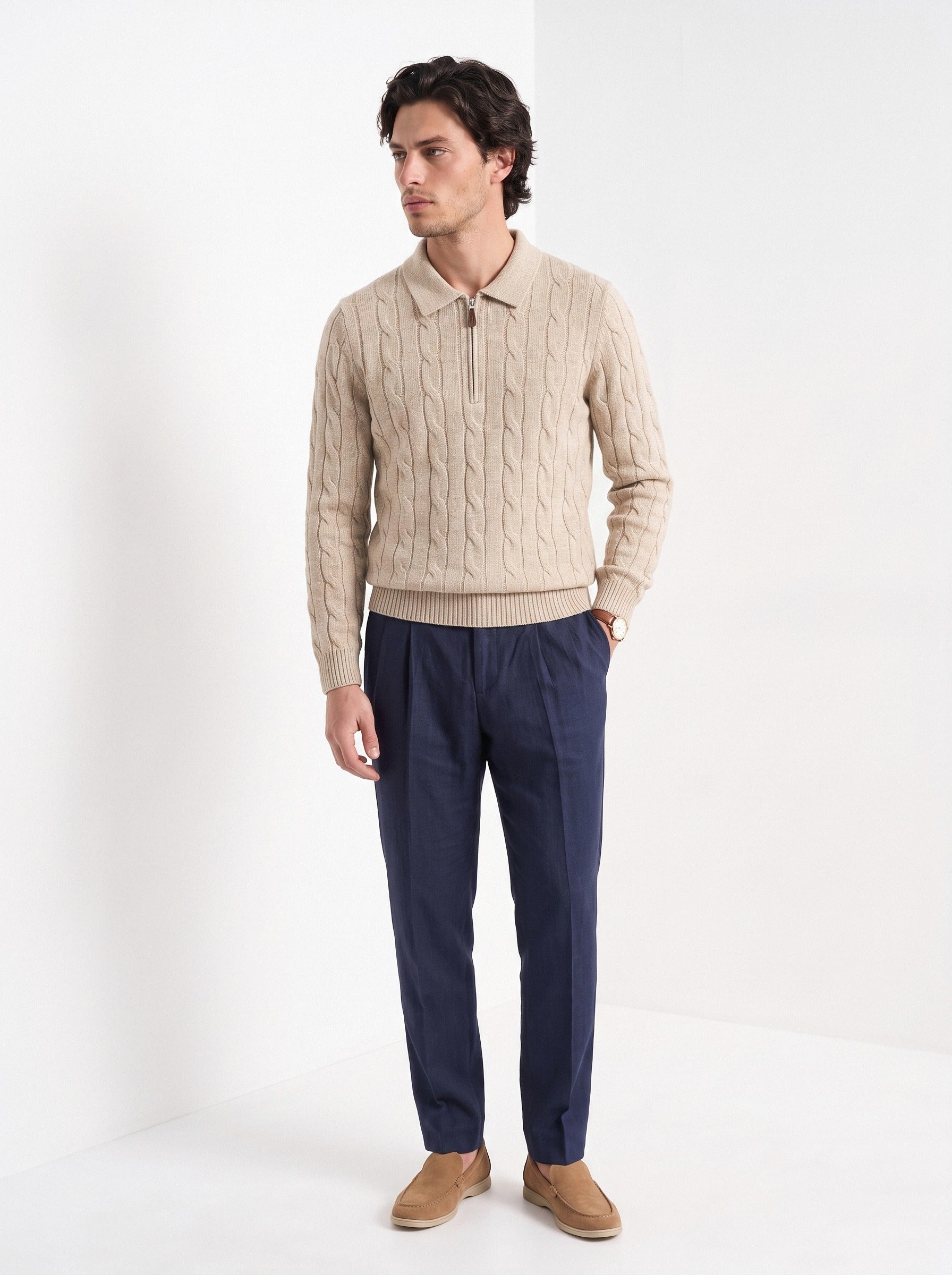 BLENIN men's cable knit zip polo in camel, three-quarter view