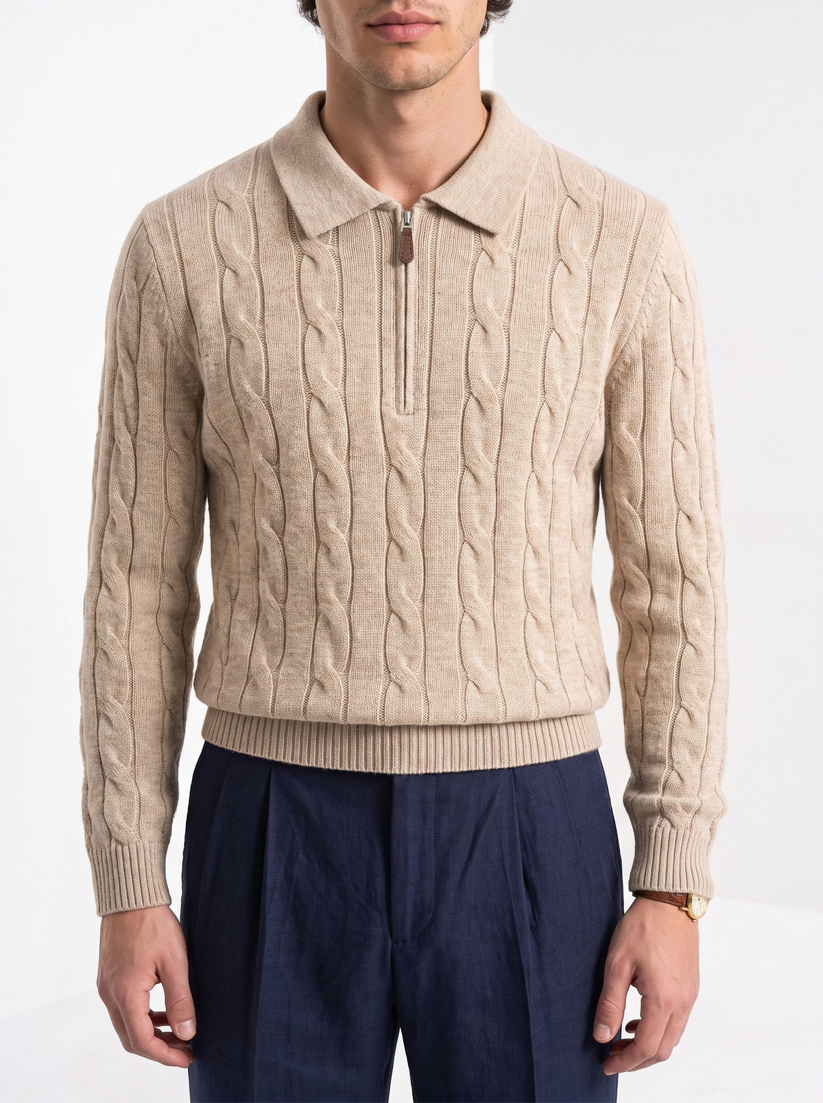 BLENIN men's cable knit zip polo in camel, close-up of the details