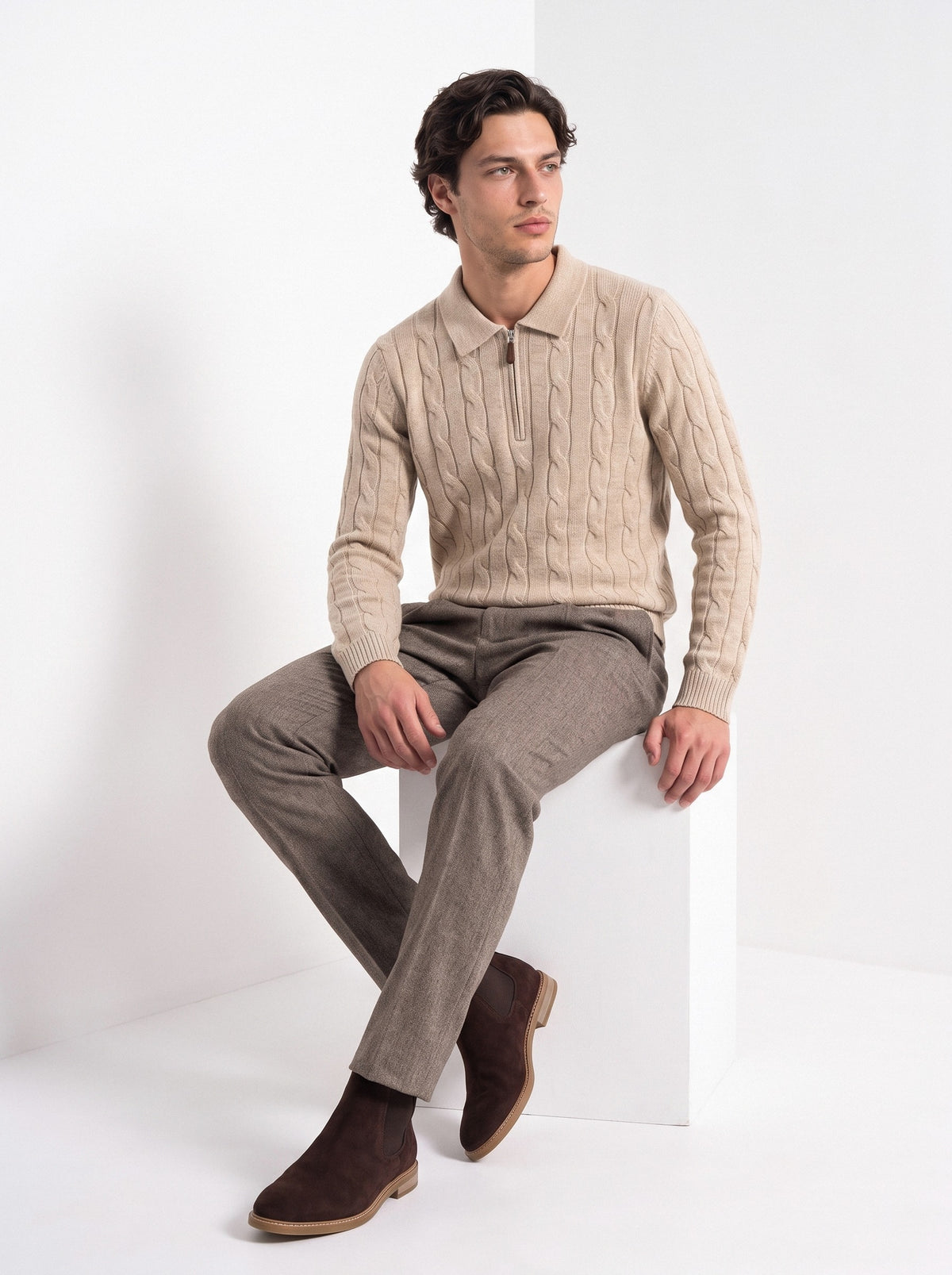 BLENIN men's cable knit zip polo in camel, seated, full outfit