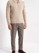 BLENIN men's cable knit zip polo in camel, fit detail