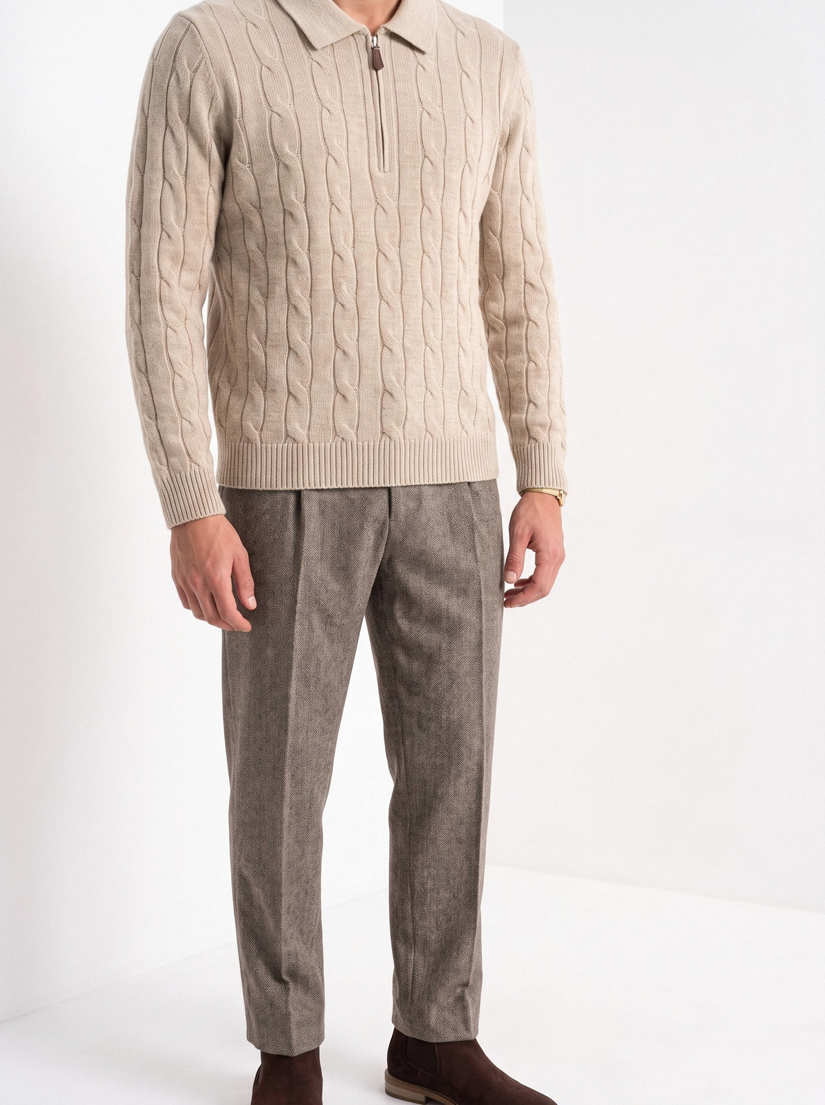 BLENIN men's cable knit zip polo in camel, fit detail