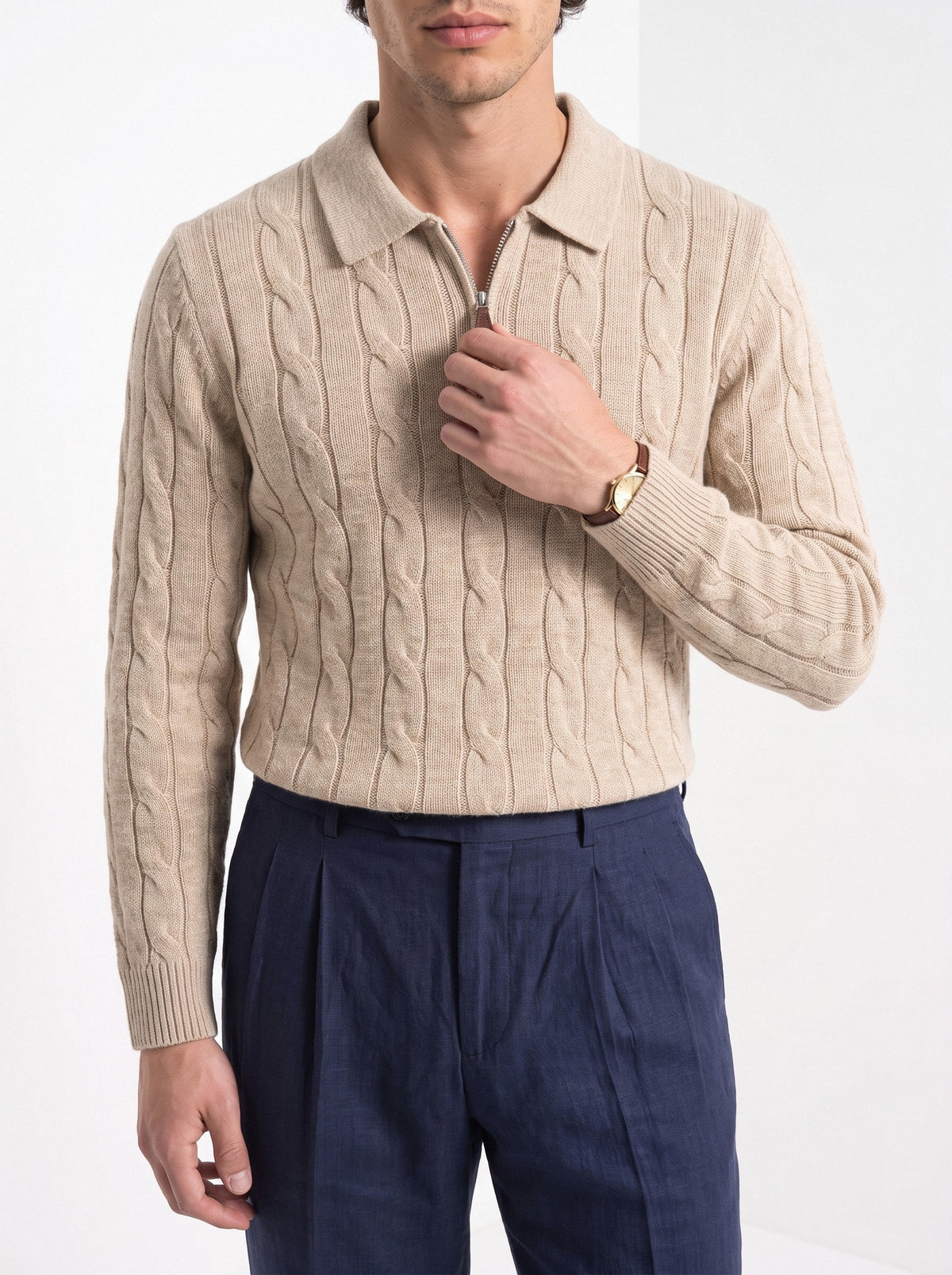 BLENIN men's cable knit zip polo in camel, styled detail