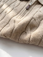 BLENIN men's cable knit zip polo in camel, fabric close-up