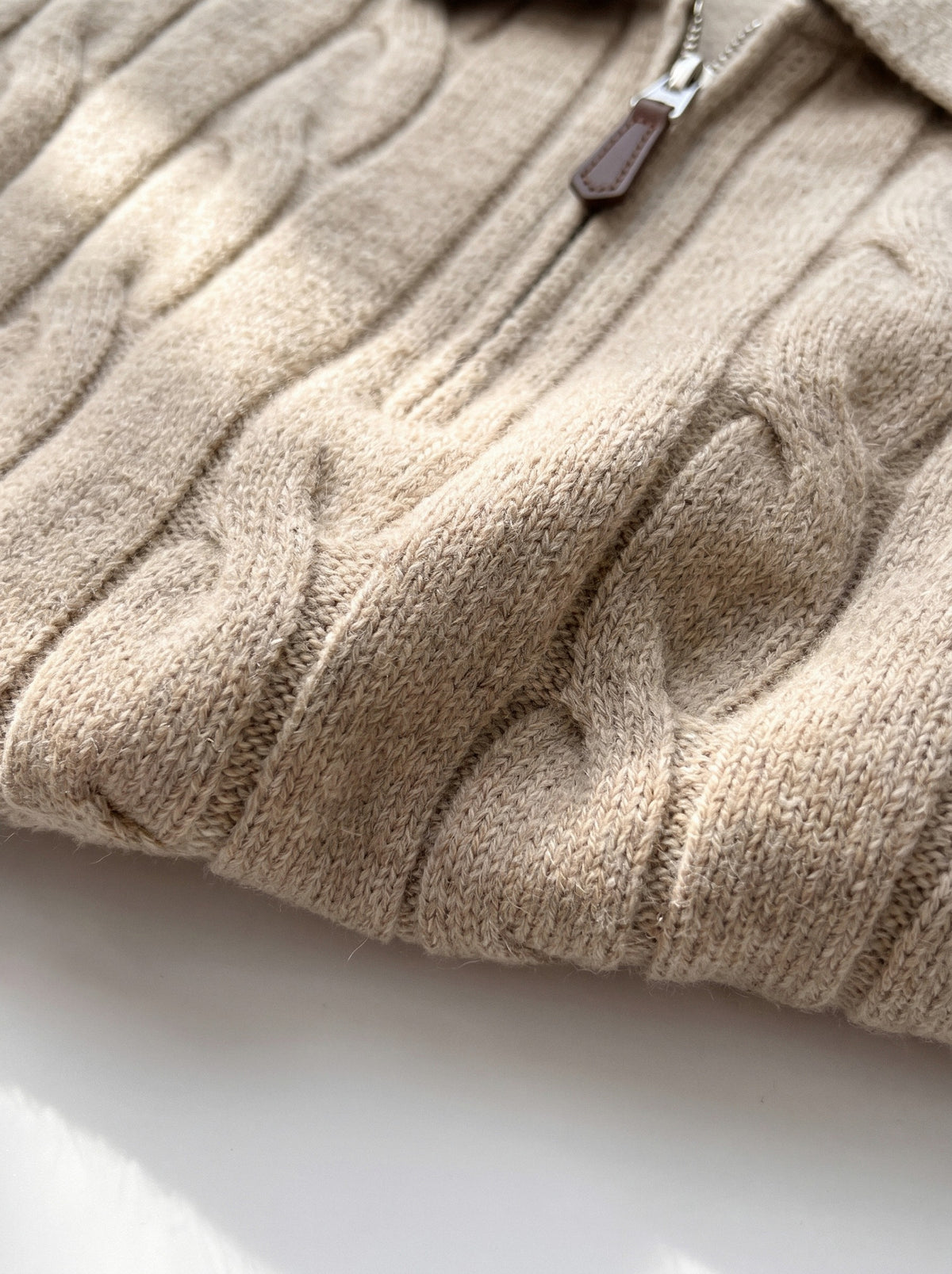 BLENIN men's cable knit zip polo in camel, fabric close-up
