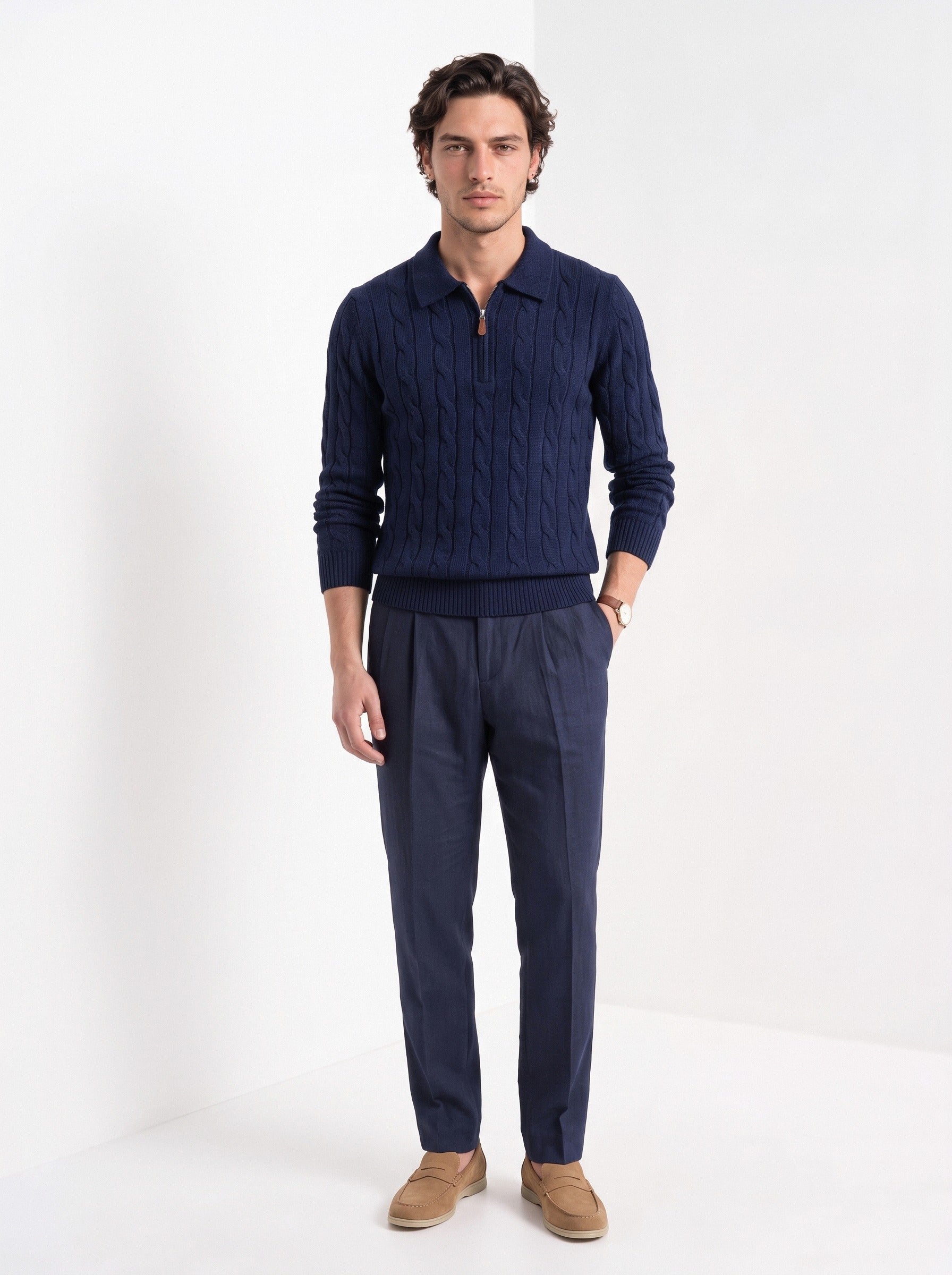 BLENIN men's cable knit zip polo in navy, full-length front view
