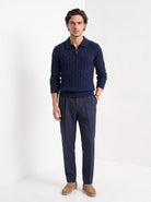 BLENIN men's cable knit zip polo in navy, full-length front view