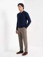 BLENIN men's cable knit zip polo in navy, three-quarter view