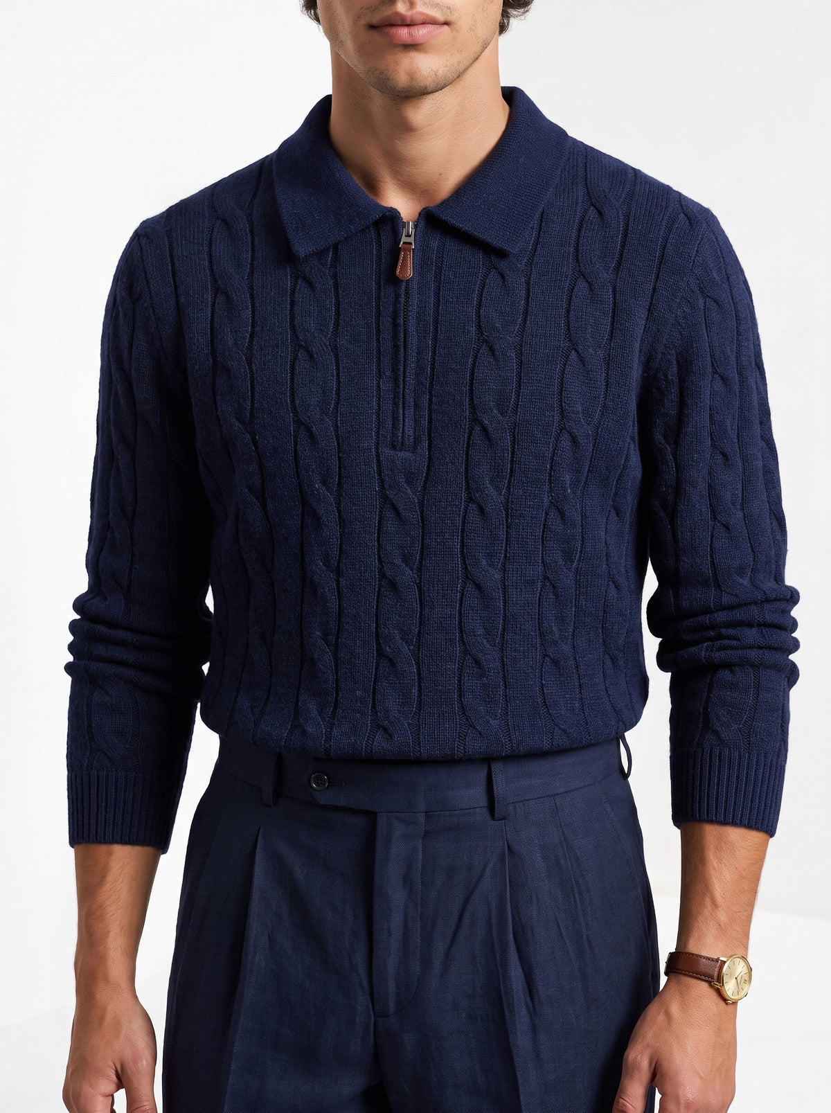 BLENIN men's cable knit zip polo in navy, close-up of the details