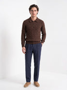 BLENIN men's cable knit zip polo in brown, full-length front view