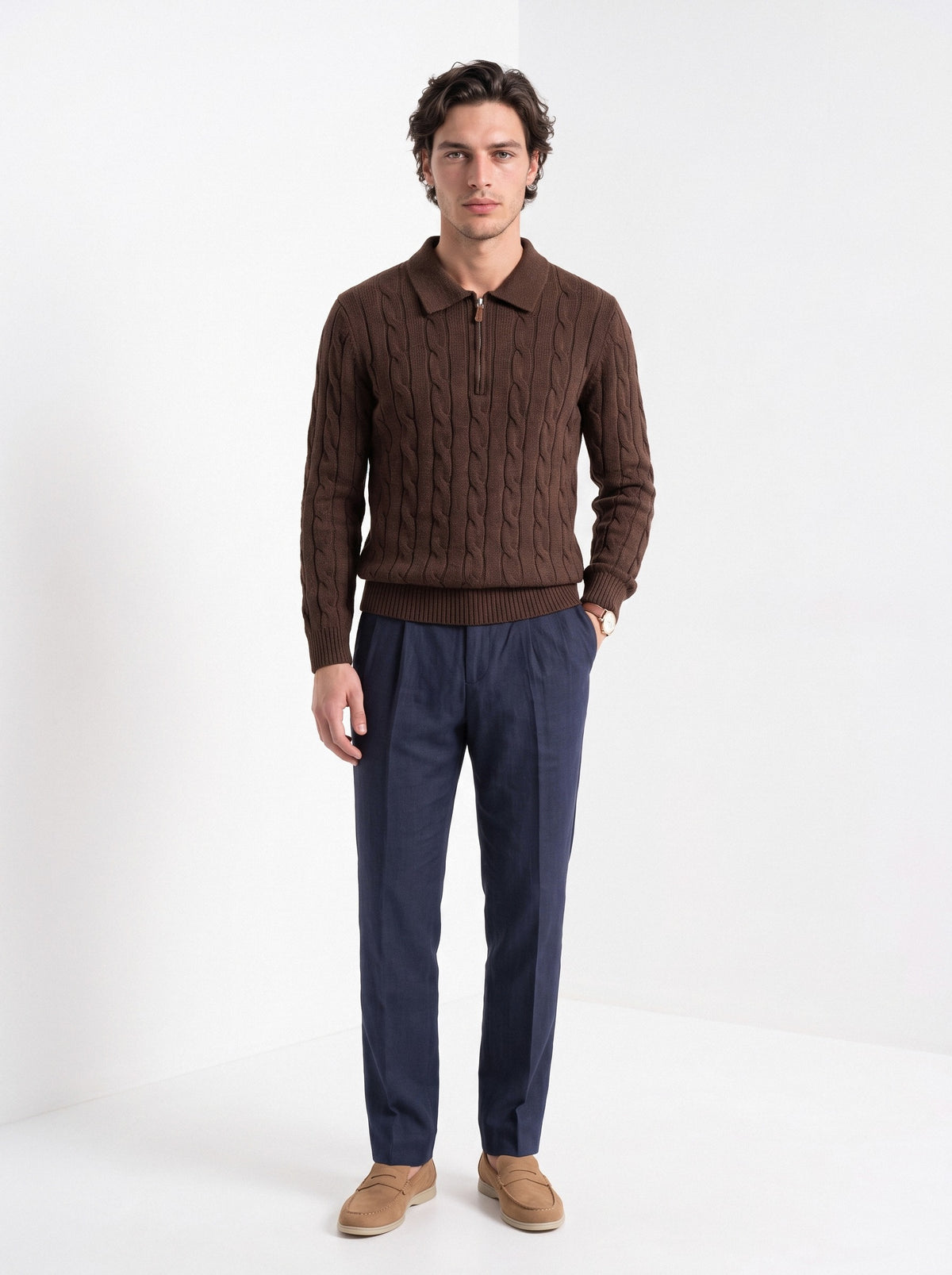 BLENIN men's cable knit zip polo in brown, full-length front view