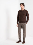 BLENIN men's cable knit zip polo in brown, three-quarter view