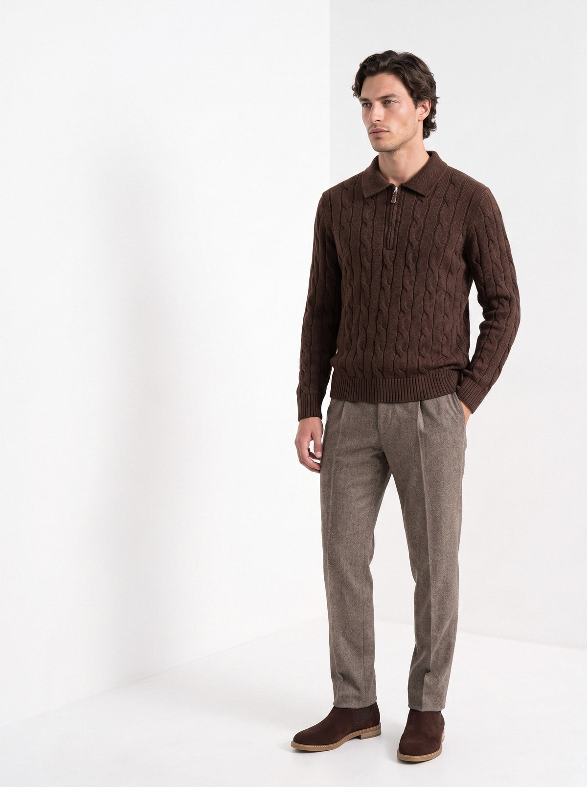 BLENIN men's cable knit zip polo in brown, three-quarter view
