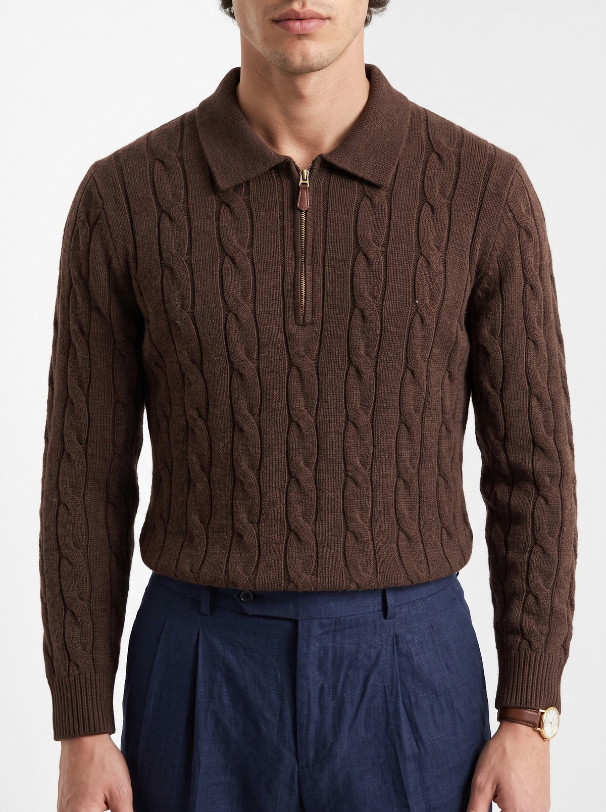 BLENIN men's cable knit zip polo in brown, close-up of the details