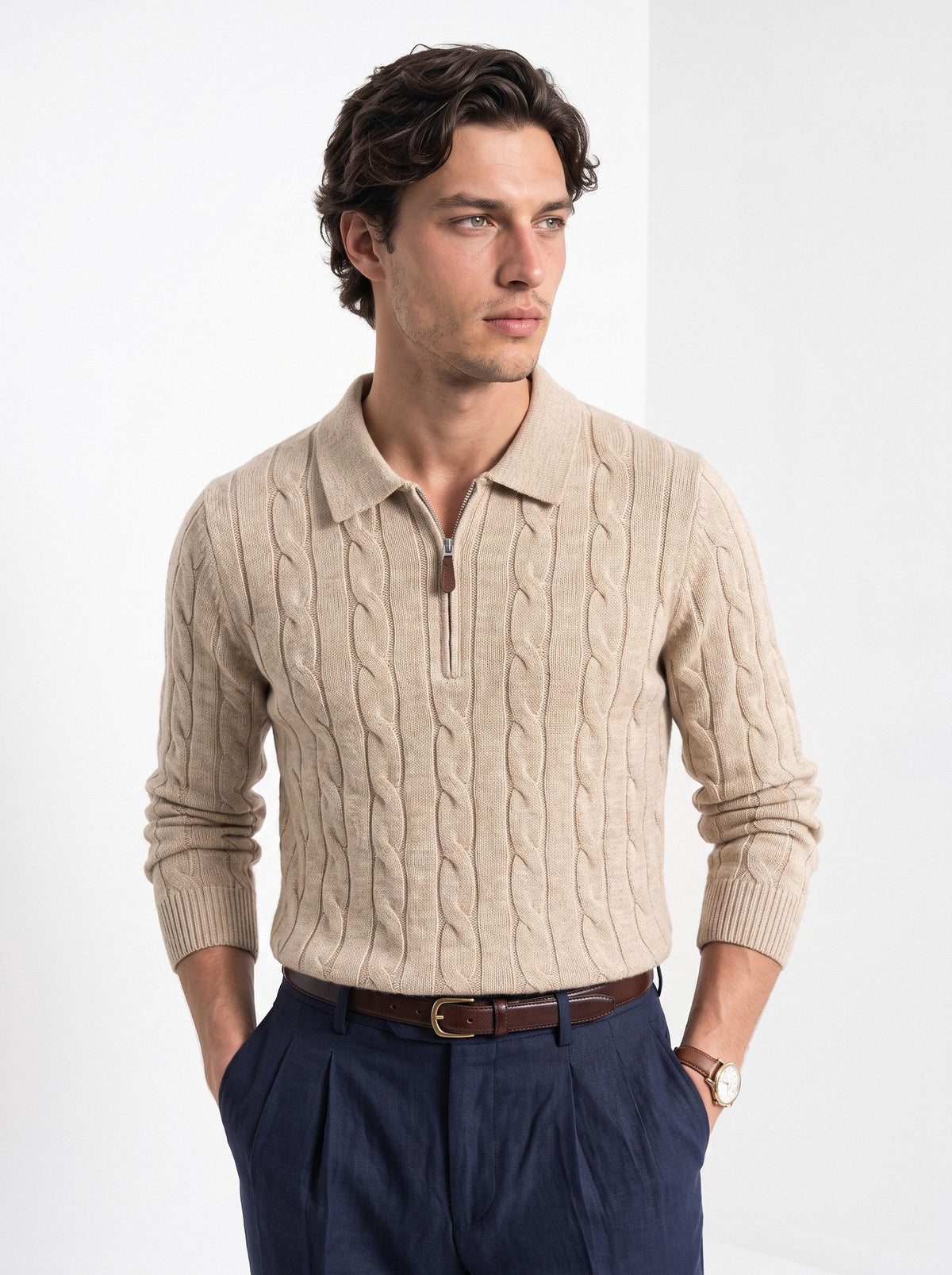 BLENIN men's cable knit zip polo in camel, front portrait