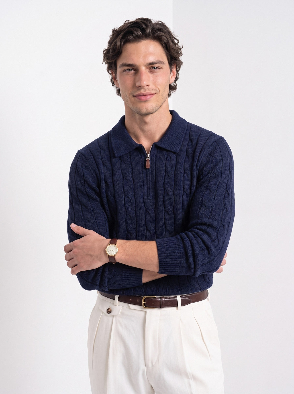 BLENIN men's cable knit zip polo in navy, front portrait