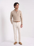 BLENIN men's cable knit zip polo in camel, full-length look
