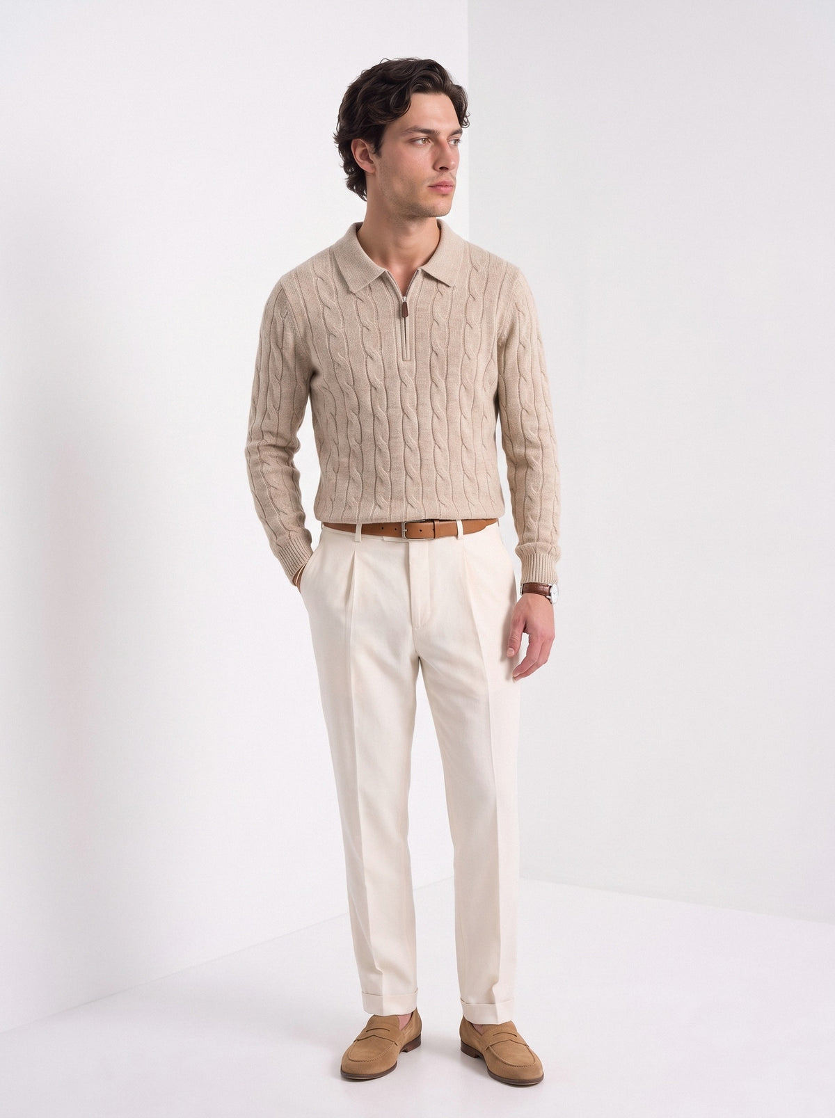 BLENIN men's cable knit zip polo in camel, full-length look