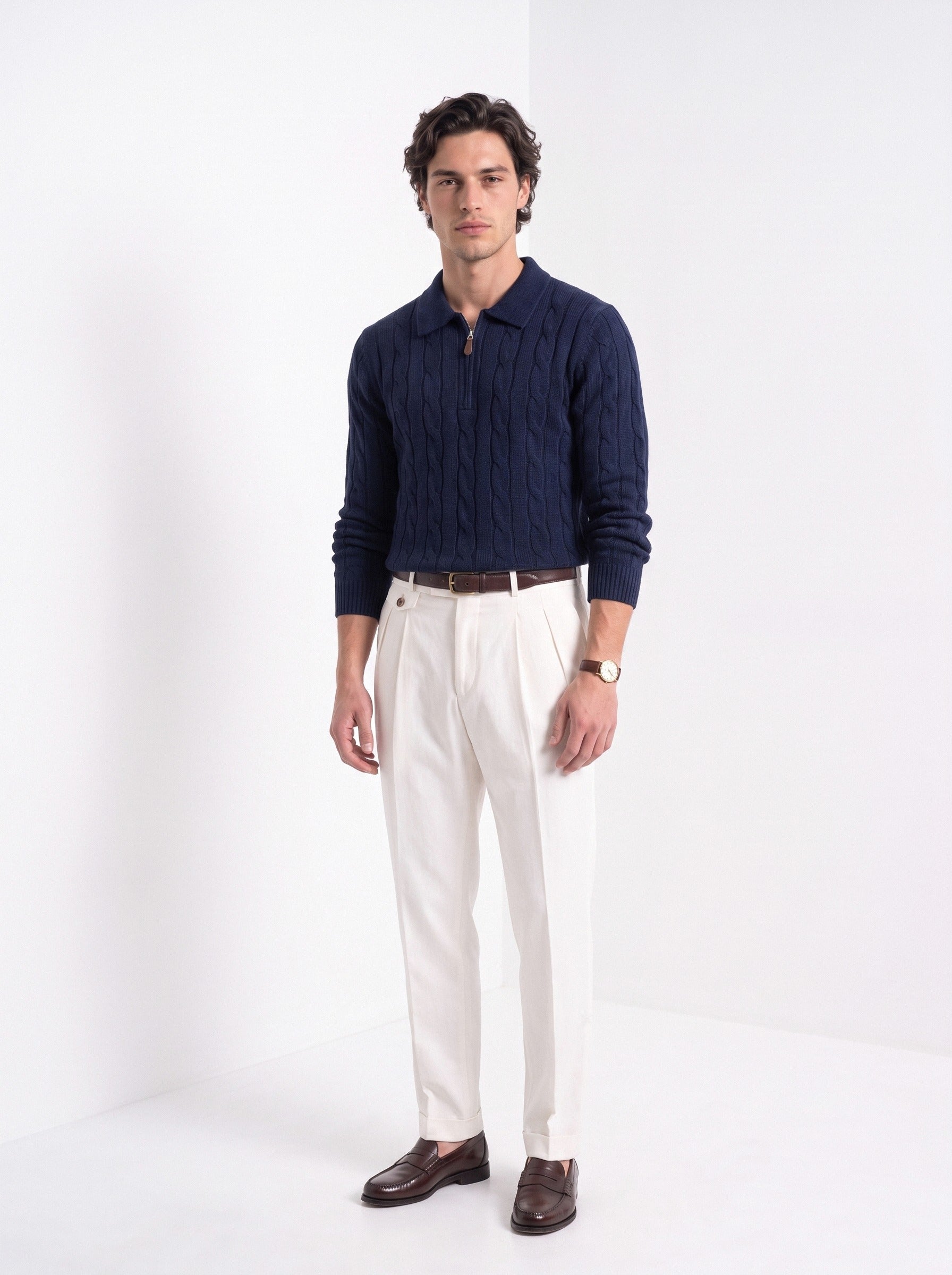 BLENIN men's cable knit zip polo in navy, full-length look