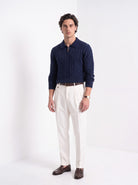 BLENIN men's cable knit zip polo in navy, full-length look