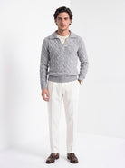 BLENIN men's layered collar cable sweater in light grey, full-length front view